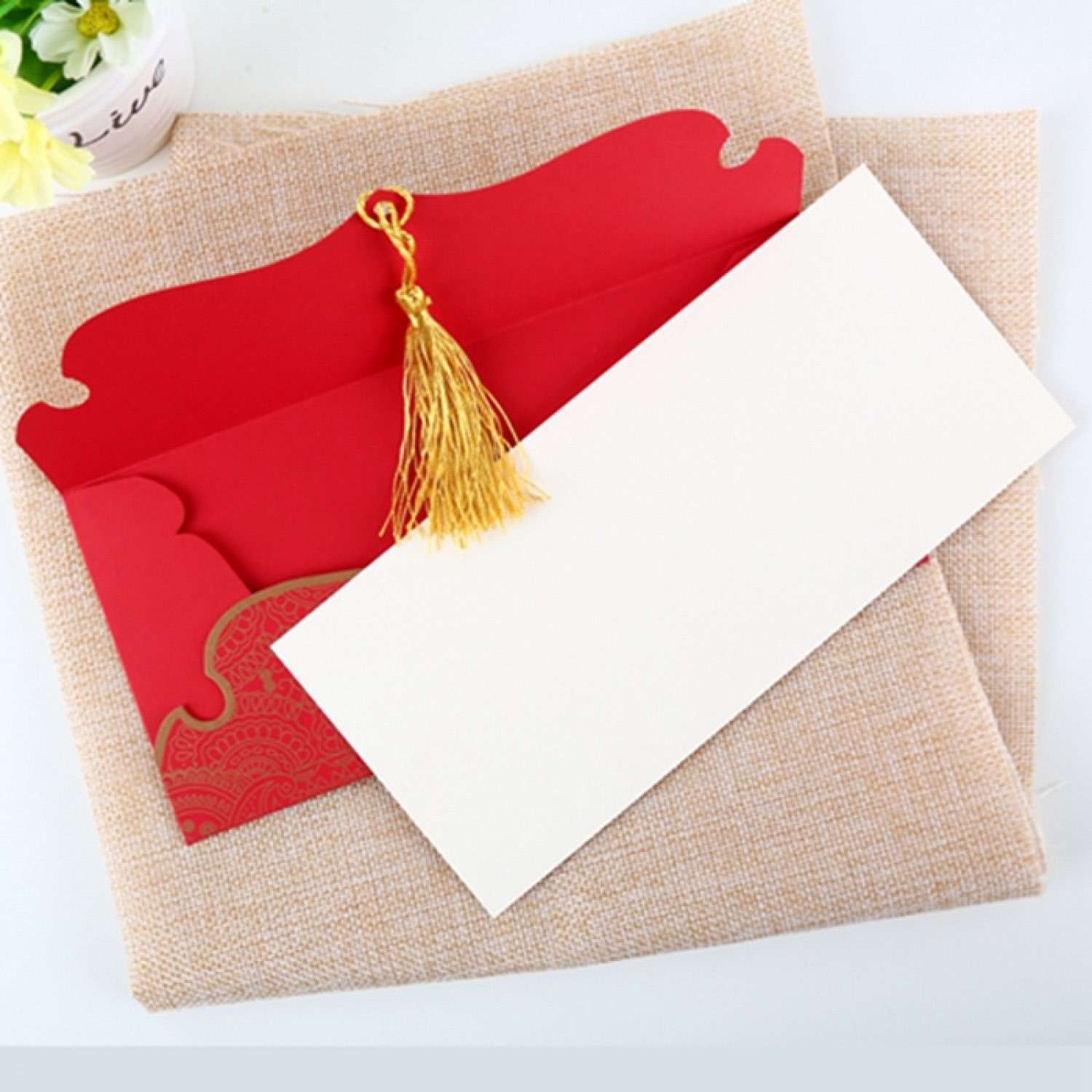 Red Wedding Invitation Card with Tassel Foil Printing Customized