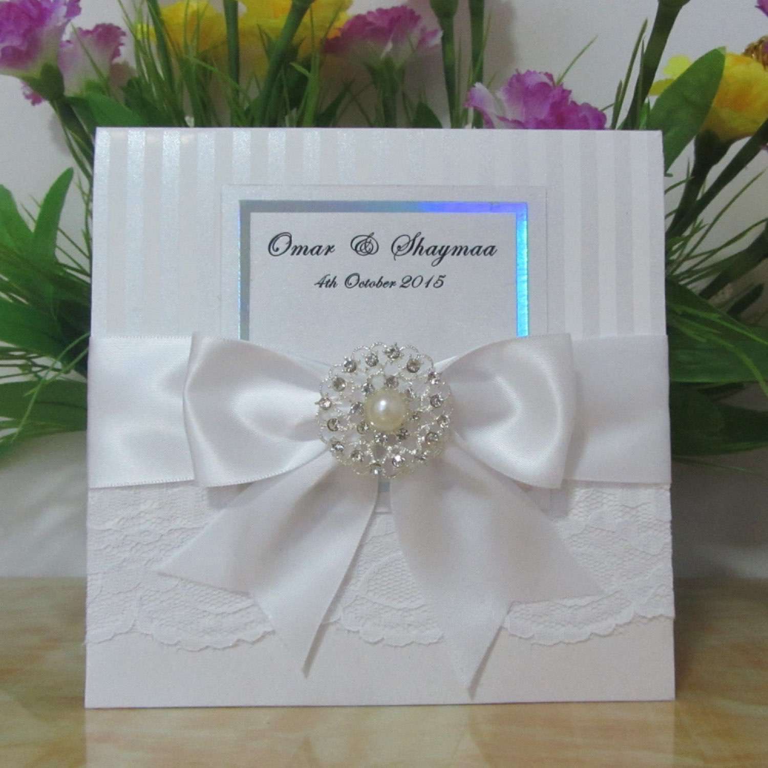 Lace Invitation Card with Ribbon Bow Wedding Invitation Made in China