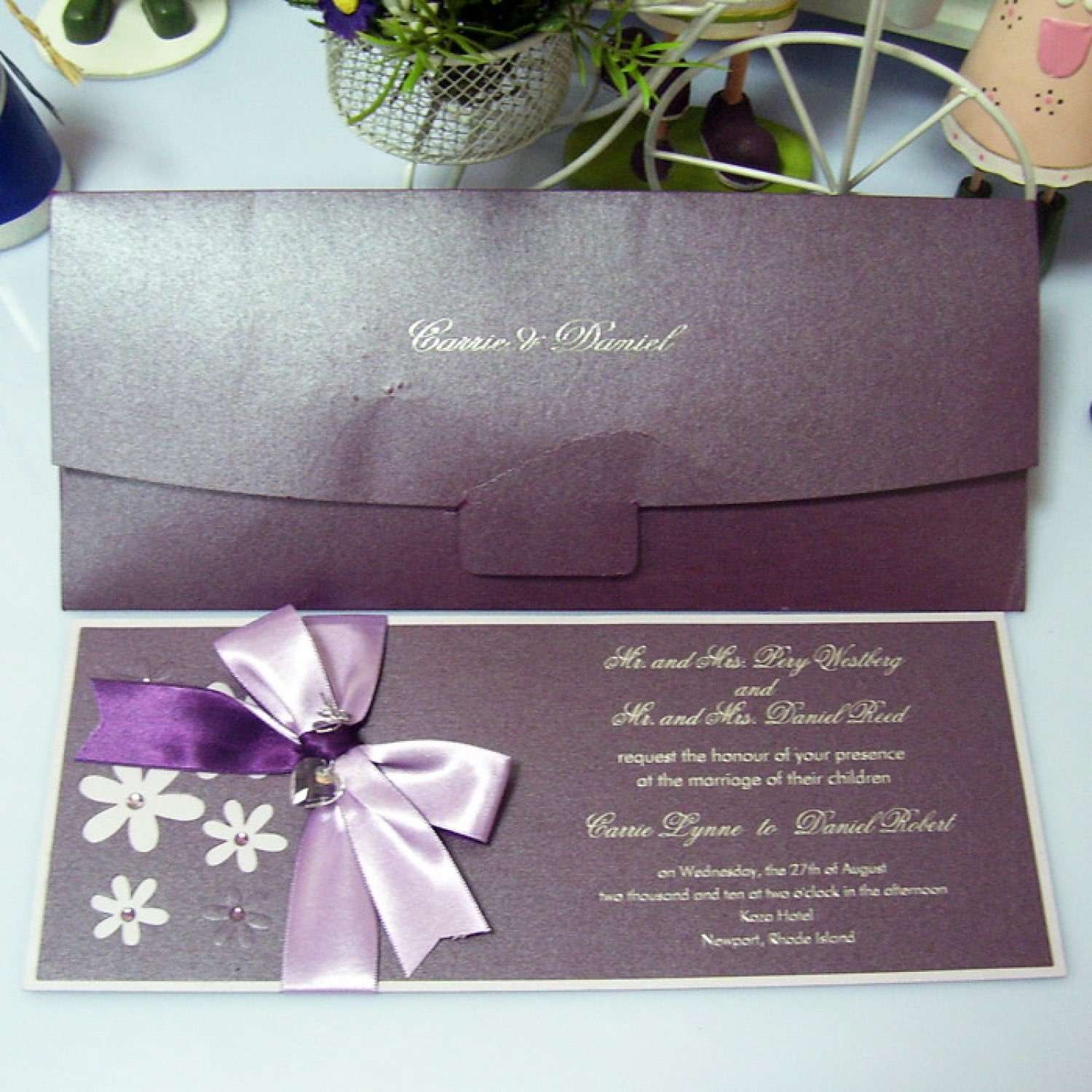 Rectangle Invitation Card with Envelope Greeting Card with Ribbon Bow Foil Printing Customized 