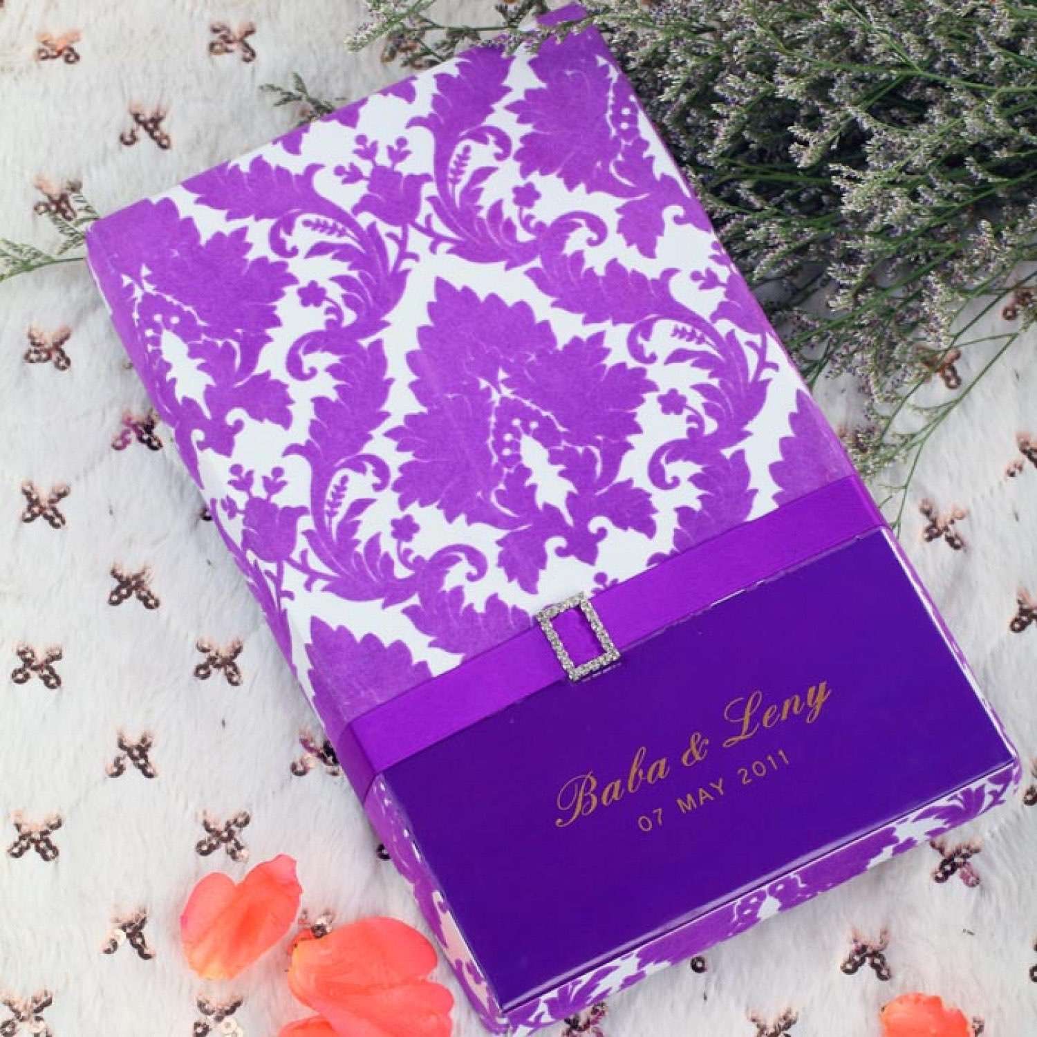 Purple Flocking Invitation Card with Box Wedding Invitation Card Customized 