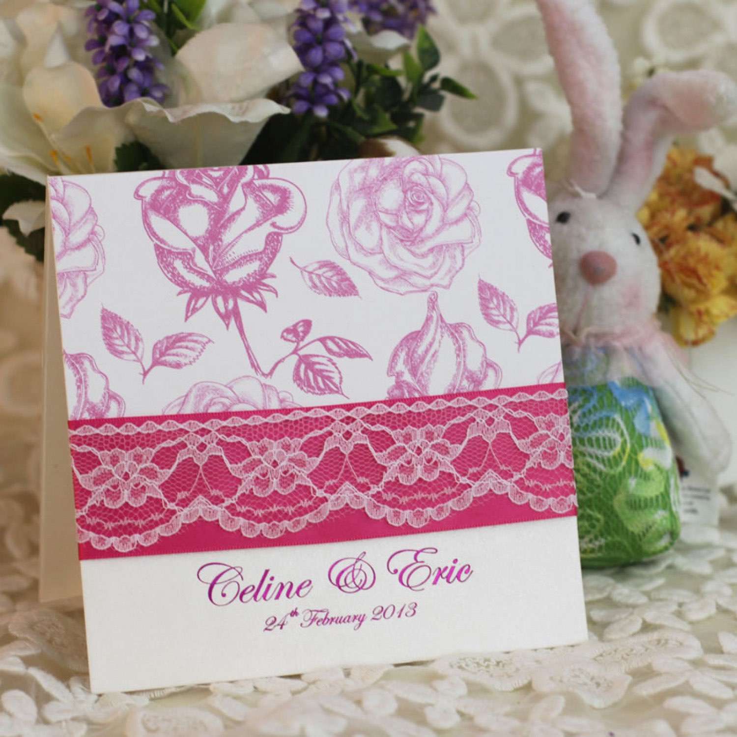 Pink Rose Wedding Invitation Card Lace Card Romantic Invitation Customized 