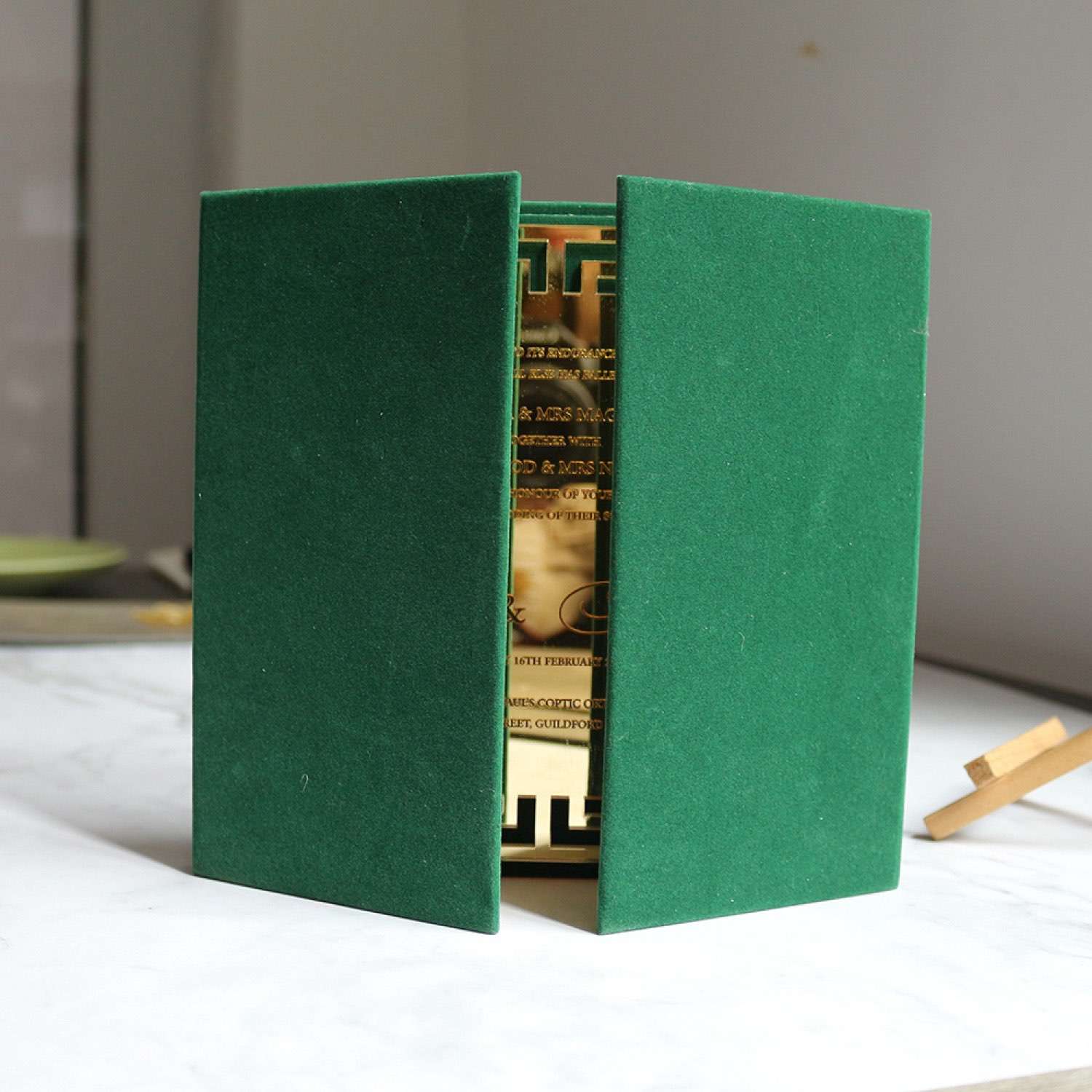 Golden Mirror Acrylic Invitation Card With Green Velvet Personalized Custom