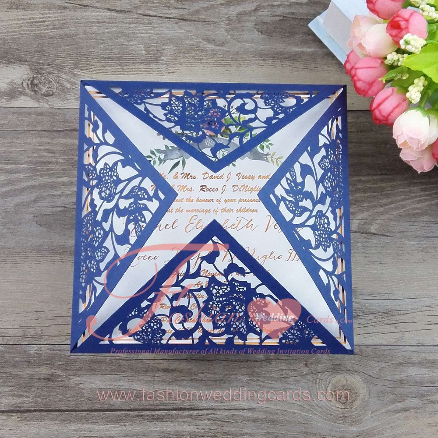 Cheap Navy Blue and White Laser Cut Wedding Invitations