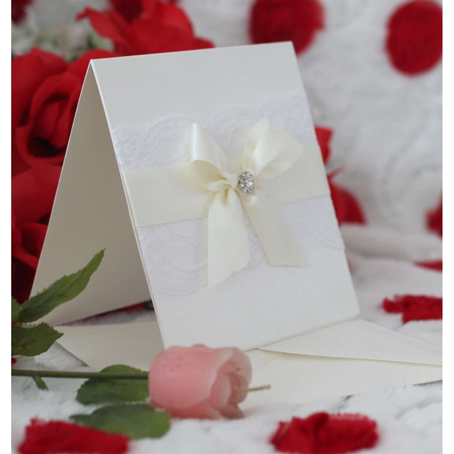 Lace Invitation Card with Ribbon Bow Blank Invitation Wedding Card 
