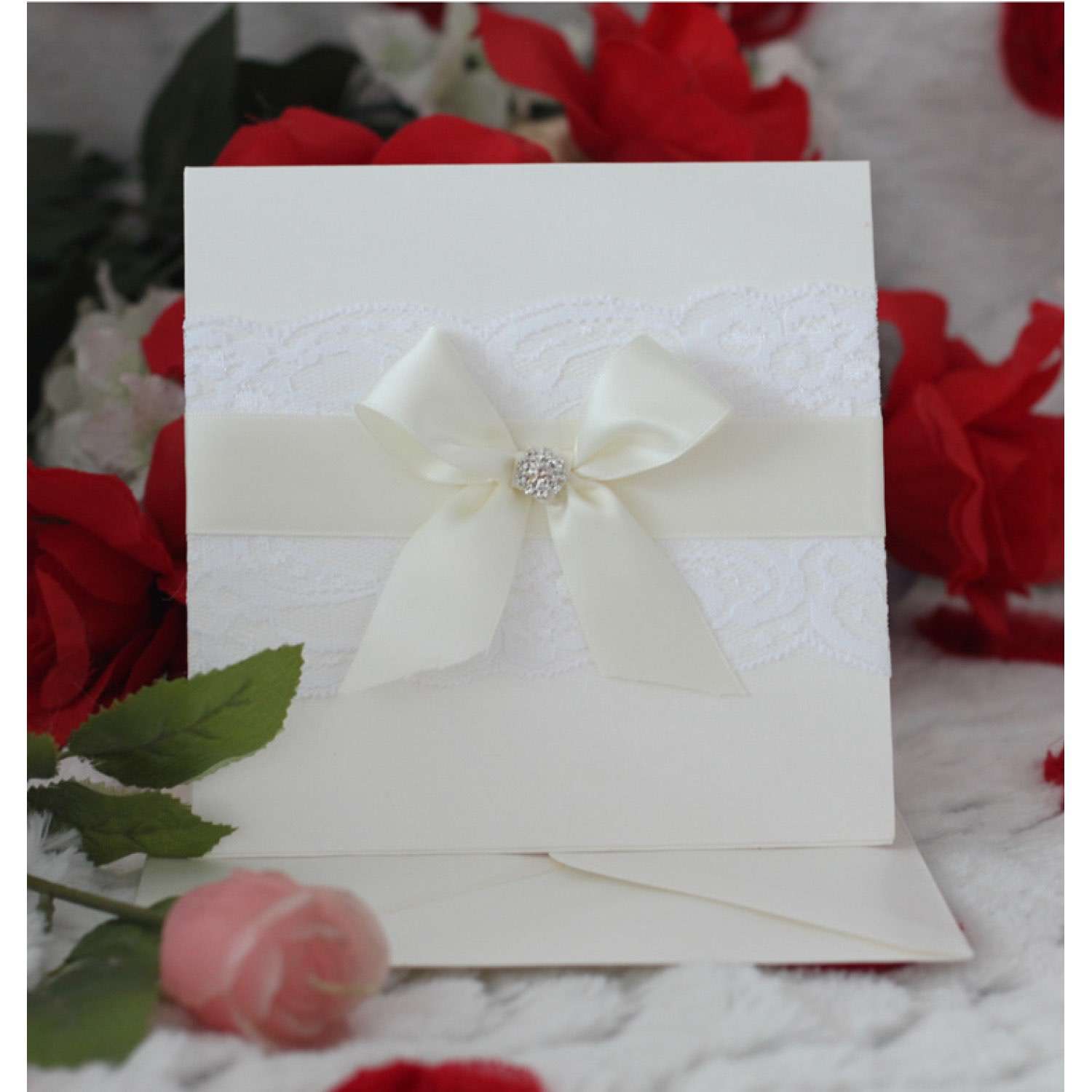 Lace Invitation Card with Ribbon Bow Blank Invitation Wedding Card 